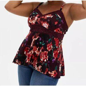 Torrid Scuba Knit and Lace Peplum Top V Neck Burgundy Purple Floral 1X Tank Top